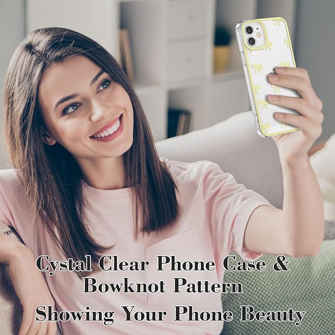 EYZUTAK Case for iPhone 12, Clear Cute Ribbon Bowknot Pattern Aesthetic Transparent Phone Case Raised Camera Protection Stylish Slim Soft Durable TPU Protective Cover for Women Girls - Yellow
