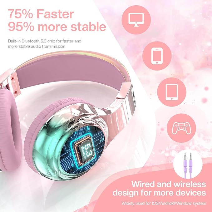 QearFun Kids Bluetooth 5.3 Headphones, Wireless Metallic Gradient Headset, Lightweight Foldable On Ear Headphones with Aux Cord, Fast Charging, Built-in Mic, for School/Travel/Tablet/iPad