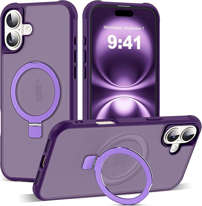 Compatible with iPhone 16 Plus Case with Invisible Magnetic O-Ring Stand Military-Grade Translucent Case for iPhone 16 Plus 6.7" [Compatible with Mag-Safe][Great Grip Feeling], Purple