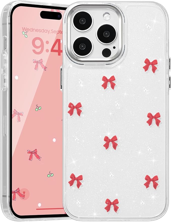 EYZUTAK Case for iPhone 13 Pro, Bling Glitter 3D Bowknot Phone Case Cute Sparkly Crystal Clear Bow Aesthetic Design Case Slim Soft Durable TPU Transparent Protective Cover for Women Girl - Red Bow