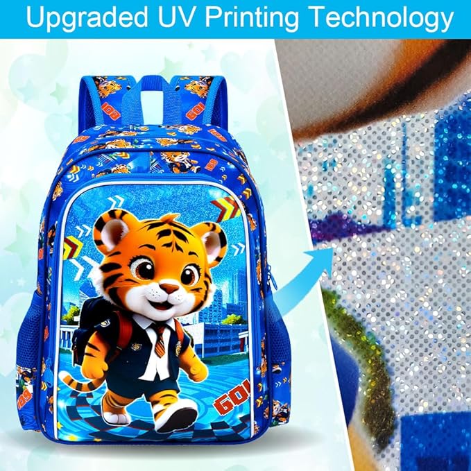 CCJPX 16" Kids Backpack for Boys, 3PCS Tiger Water Resistant Preschool Bookbags, Cool Kindergarten School Backpacks and Lunch Box