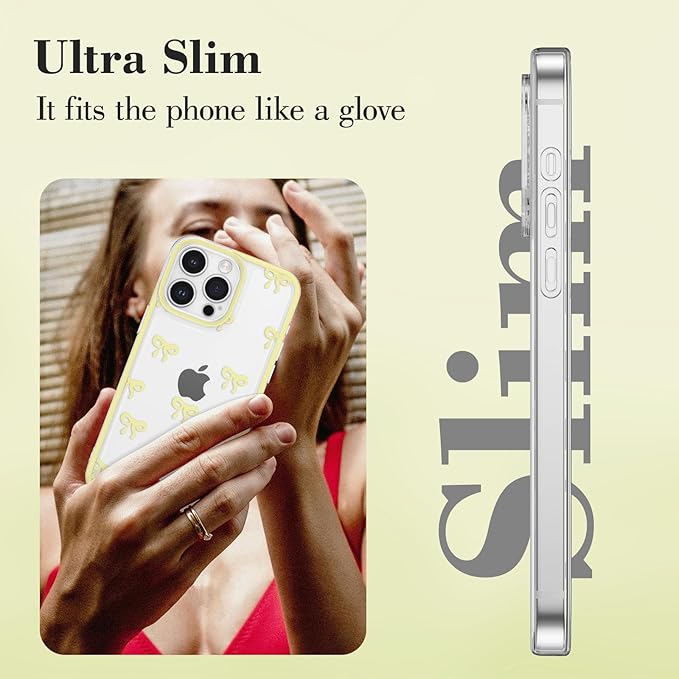 EYZUTAK Case for iPhone 14 Pro, Clear Cute Ribbon Bowknot Pattern Aesthetic Transparent Phone Case Raised Camera Protection Stylish Slim Soft Durable TPU Protective Cover for Women Girls - Yellow