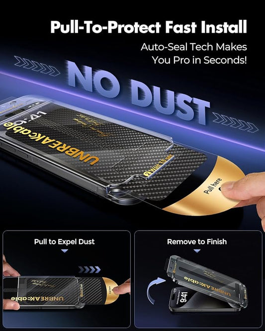 UNBREAKcable 3-Pack Screen Protector for iPhone 15 Pro Max Tempered Glass - [One-Pull Perfection] [Auto Dust-Elimination] [9H+ Hardness] [99.99% HD Clear] Full Coverage for iPhone 6.7 inch