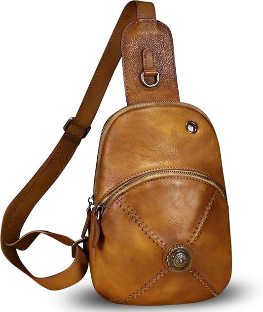 Genuine Leather Silng Bag for Women Small Vintage Leather Sling Backpack Fashion Shoulder Crossbody Bag Chest Purse
