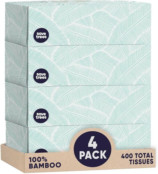 Save Trees Bamboo Facial Tissues - 4 Boxes of Eco-Friendly, 3-Ply Hypoallergenic Tissues, 90 Sheets per Box, FSC Certified, Plastic-Free Packaging, Soft & Gentle for Home Use