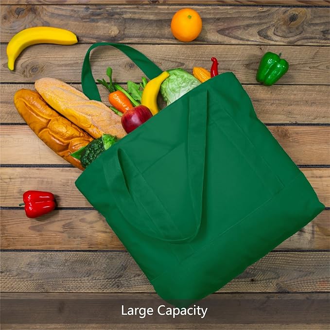 TOPDesign 1-Pack Canvas Tote Bag with an External Pocket, Reusable Grocery Shopping Bag, Top Zipper Closure, Daily Essentials (Green)