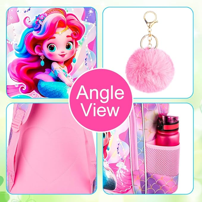 3Pcs Mermaid Backpack for Girls, 16" Kids Bookbag for Elementary Preschool Kindergarten, School Backpacks with Lunch Box(Pink)