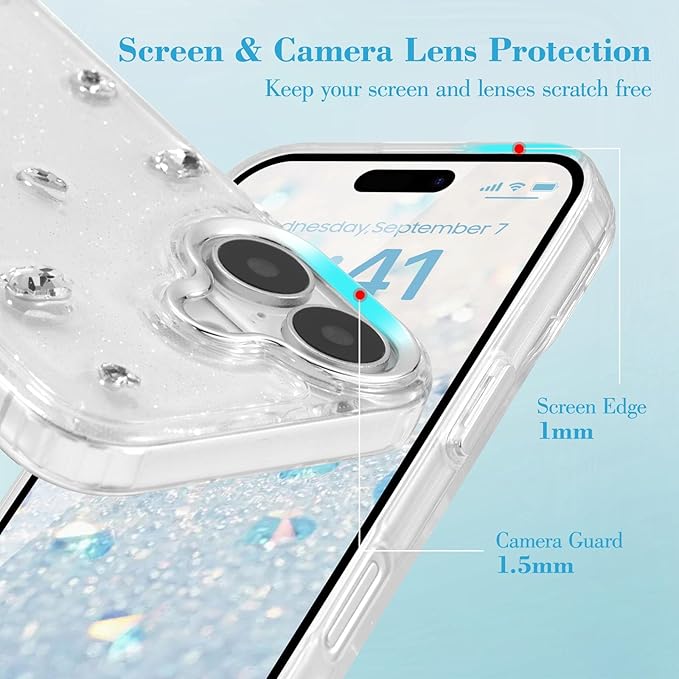 EYZUTAK Case for iPhone 16, Bling Glitter 3D Diamond Phone Case Cute Sparkly Crystal Clear Aesthetic Design Case Slim Soft Durable TPU Transparent Protective Cover for Women Girls - Crystal
