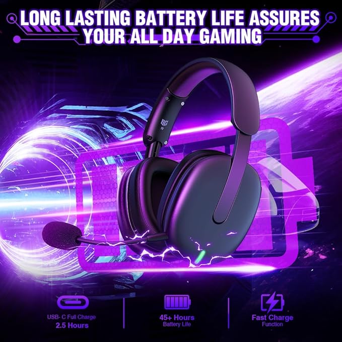 TA82 Wireless Gaming Headset with Detachable Noise Canceling Microphone for PS5 PS4 PC, 2.4GHz USB Gamer Headphones with 7.1 Surround Sound, Memory Foam Ear Pads
