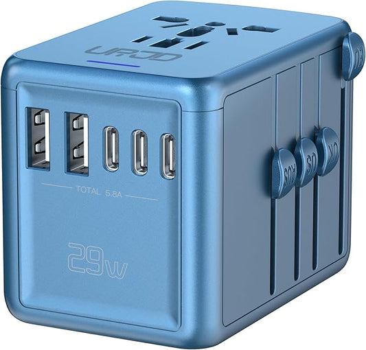 Universal Travel Adapter Offers 6.0A 3X 3.0A USB-C Ports, 2X 2.4A USB-A Ports and Multi AC Outlet, International Power Plug Adapter Worldwide Travel Charger for EU USA UK AUS (Blue)