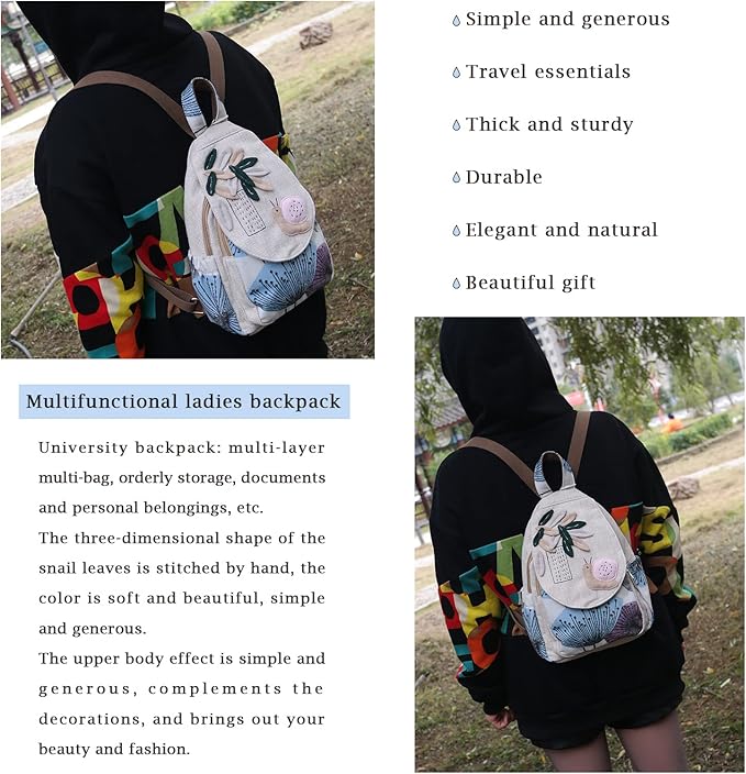 HUANGGUOSHU Women Cotton Woven Hippie Hemp Boho Canvas Embroidery Multi Pocket Retro Cute Backpack Wallet Backpack（Snails）