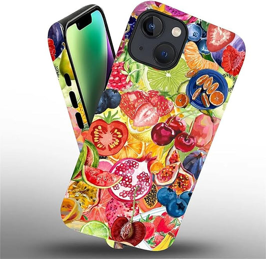 Case for iPhone 13 iPhone 14,Summer Fruit Collage for Woman Men Full Body Protective Cover Shockproof 2 in 1 Silicone + Hard PC Design Case