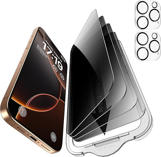 EZ-GLAZ- 4 Pack for iPhone 16 Pro Max Privacy Screen Protector [6.9"] With 2 Pack Camera Lens Protector, 9H+ Hardness 12FT Military Grade Shatterproof Scratch Resistant Durable Tempered Glass Film with Flawless Fit Kit