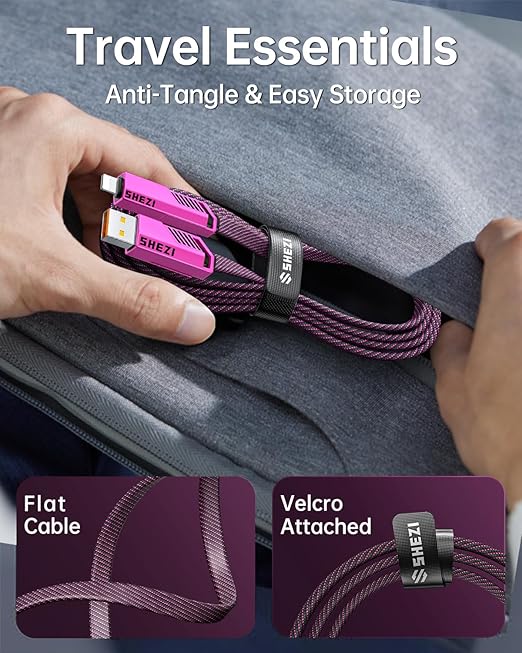 SHEZI [Upgraded 2.0] 4-in-1 USB C Cable 60W 5FT Fast Charging [480Mbps Data Transfer] Flat Nylon Braided Charger Cord Combo, USB A/C to C/L Multi Charge Cable for iPhone/iPad & Most Devices, Pink