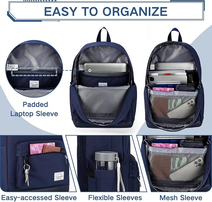 VASCHY Backpack for Men Women, Water-Resistant School Backpack Bookbag Daypack for Teens/College Students Plain Blue
