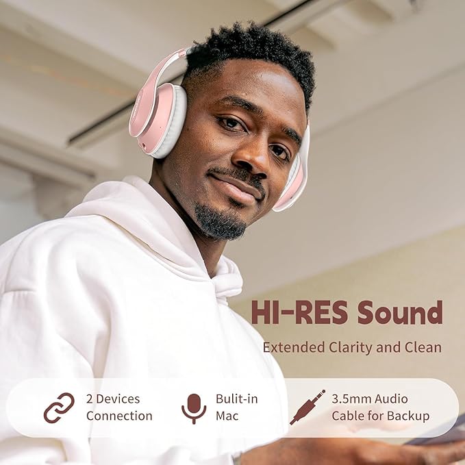 Wireless Bluetooth Headphones Over Ear 65H Playtime HiFi Stereo Headset with Microphone and 6EQ Modes Foldable Bluetooth V5.3 Headphones for Travel Smartphone Computer Laptop Rose Gold