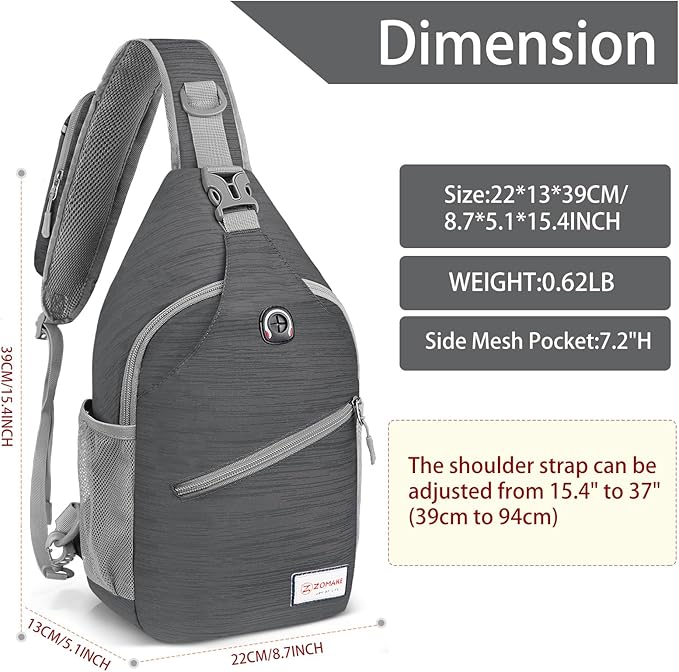 ZOMAKE Sling Bag,Small Crossbody Sling Backpack,Water Resistant Shoulder Daypack for Travel,Anti Thief Chest Bag for Hiking(Black(Stripe))