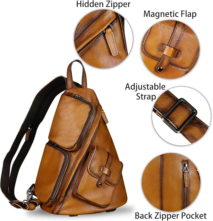Genuine Leather Large Sling Bag for Men and Women Large Sling Backpack Purse Shoulder Crossbody Chest Bag for Ipad (Brown)