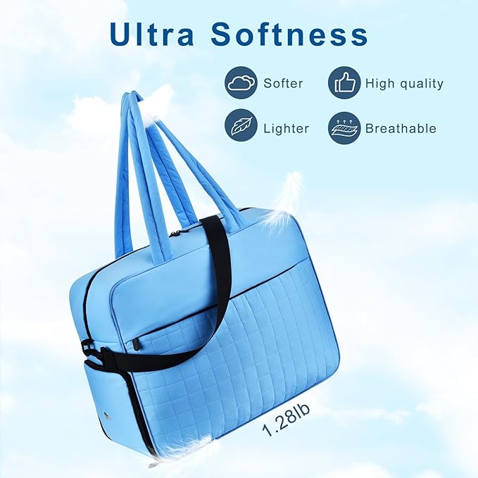 Felipe Varela Large Puffy Tote Bag, Gym Bags for Women with Shoe Compartment, Weekender Overnight Lightweight Carry on Puffer Duffle Bag for Travel (Blue,36L)