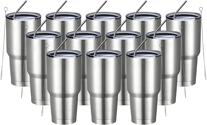 MEWAY 30oz Insulated Tumbler With Lids and Straws,Stainless Steel Double Vacuum Coffee Tumbler Cup, Brush, Durable Powder Coated Coffee Cup for Cold & Hot Drinks, Office, Travel(Silver,12 PACK)