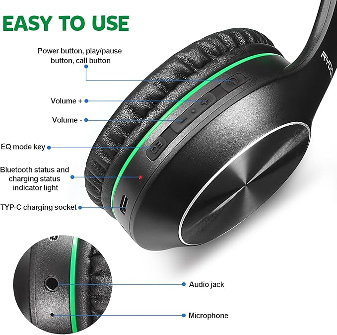 Bluetooth Headphones Over Ear, 68H Playtime 3 EQ Music Modes Wireless Headphones with Microphone/Deep Bass, HiFi Stereo Foldable Headset for PC Home Travel Office (Black Green)