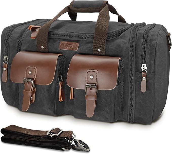 Wildroad 50L Travel Duffel Bag, Expandable Waxed Canvas Genuine Leather Duffle Bag Upgraded Overnight Weekender Bag Carry on Bag (Vintage Black, Large-50L)