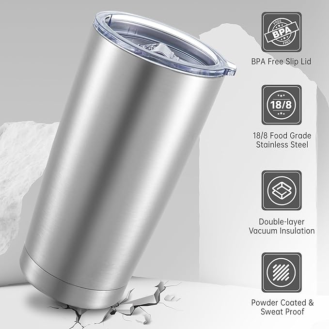 20 oz Tumblers Bulk Stainless Steel Tumbler with Lid Double Wall Vacuum Insulated Coffee Mug 20oz Powder Coated Cup for Hot and Cold Drinks, Stainless, 6 pack