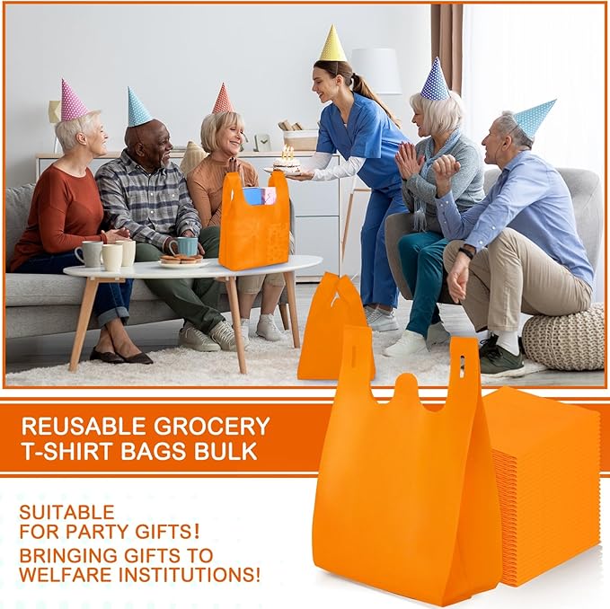 Windyun Large Grocery T-shirt Bags Bulk Reusable Non Woven Shopping Bag Foldable Gift Tote with Handle, 21x11x6 Inch