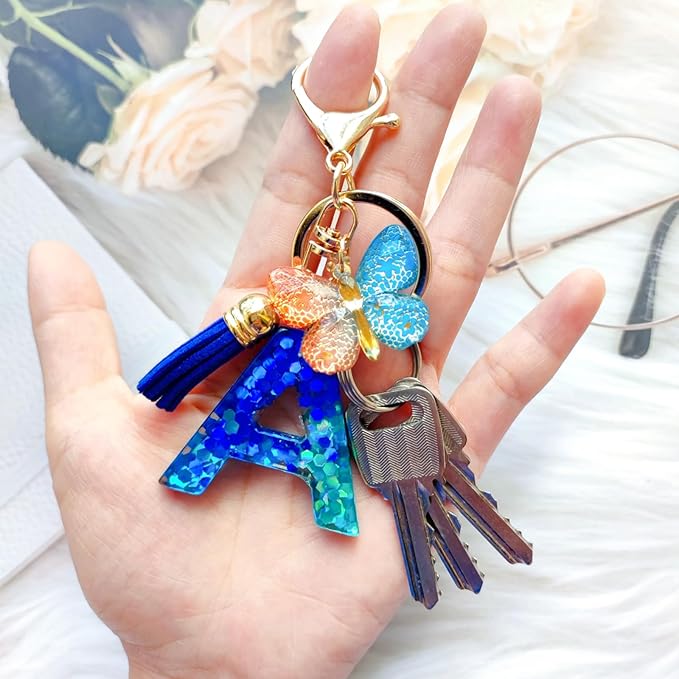 Cute Initial Letter Keychains for Women Girls Tassel Butterfly Pink Purple Green Keychain for Backpack School Bag