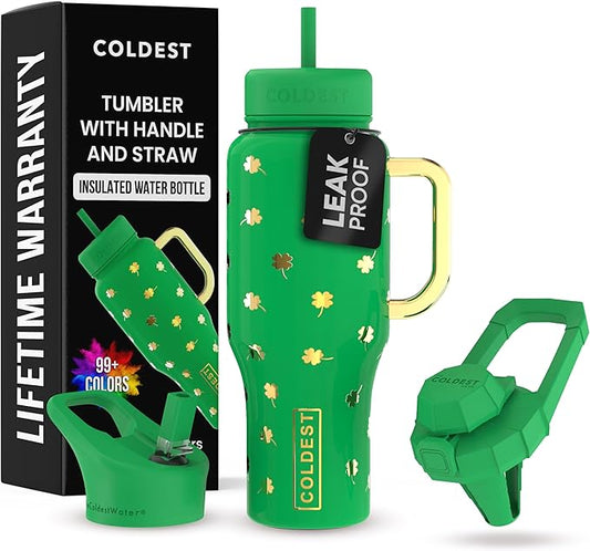 Coldest Tumbler with Handle and Straw - 100% Leak Proof Insulated Tumbler with Lid and Straw (3 Lids) - Stainless Steel Tumblers for Women & Men - Cup Holder Friendly Base, 36 oz (Lucky)