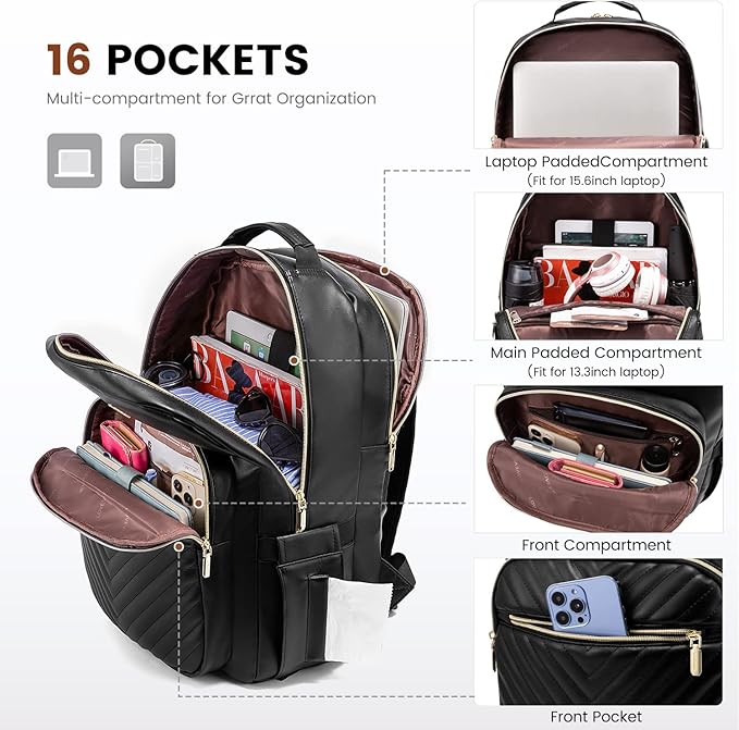 LOVEVOOK Laptop Backpack Purse for Women, Large Capacity Travel Computer Work Bag, Faux PU Leather Quilted Casual Nurse Backpack for Womens, Fit 15.6 Inch Laptop with USB Port, Black