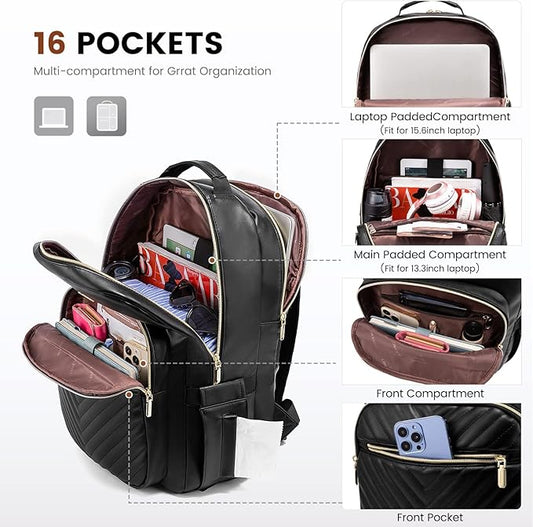 LOVEVOOK Laptop Backpack Purse for Women, Large Capacity Travel Computer Work Bag, Faux PU Leather Quilted Casual Nurse Backpack for Womens, Fit 15.6 Inch Laptop with USB Port, Black