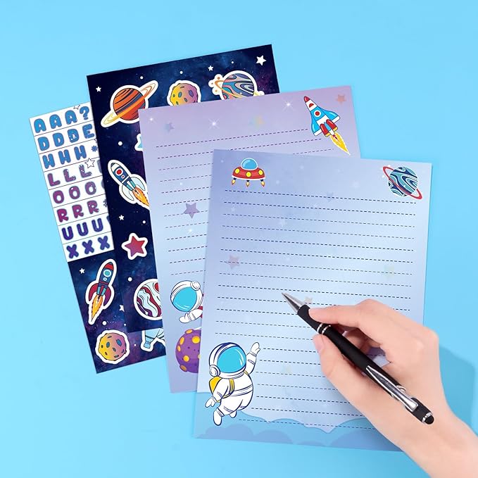 WERNNSAI Kids Stationery Set - 72PCS Boys Stationery Set Teens Universe Letter Writing Kit Aerospace Letter Paper Set Stationery Writing Sheets with Envelopes School Space Gift Set