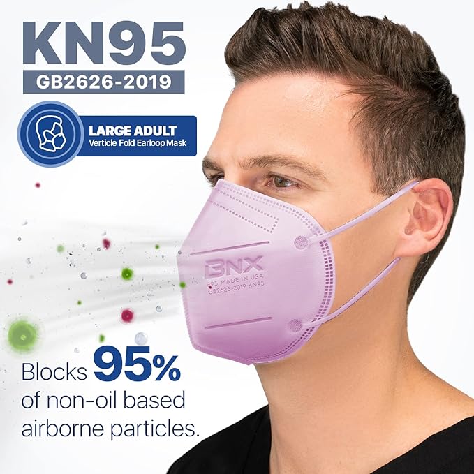 BNX KN95 Face Masks Made in USA (Adult Large, Adult Medium, Kids Small) (Earloop) (Model: E95/E95M/E95S)