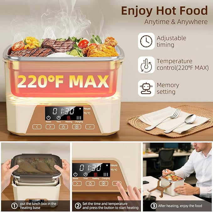 Cordless Electric Lunch Box for Adults, Heated Lunch Box 20000 mAh Battery Powered with Automatic Heating, 1.2L Portable Food Warmer, BPA Free