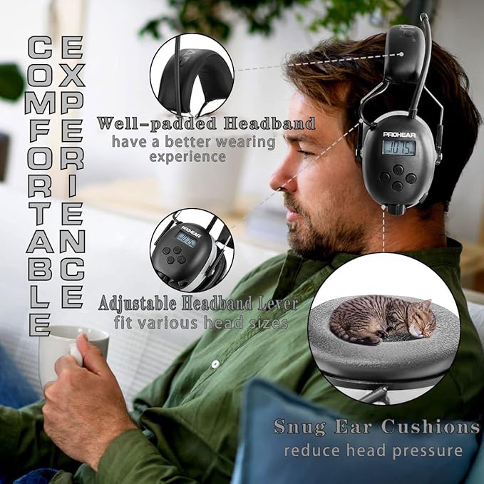PROHEAR AM FM Digital Ear Protection 25dB NRR Audio Headphones, Noise Reduction Hearing Protection Earmuffs for Lawn Mowing, Workshops, Snowblowing Indoor Outdoor Construction Work - Grey