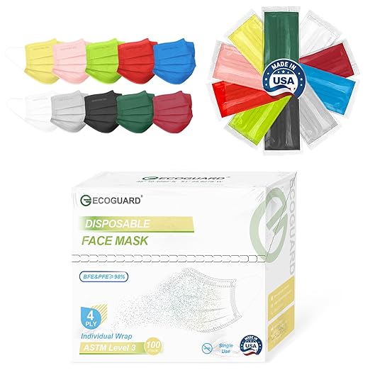Disposable Face Masks Made in USA, 4 Ply for Families, Students, Breathable All-Day Wear & Safety, FSA HSA Eligible, ASTM Level 3 Medical Grade, 100 Pack Individual Wrap, Colorful