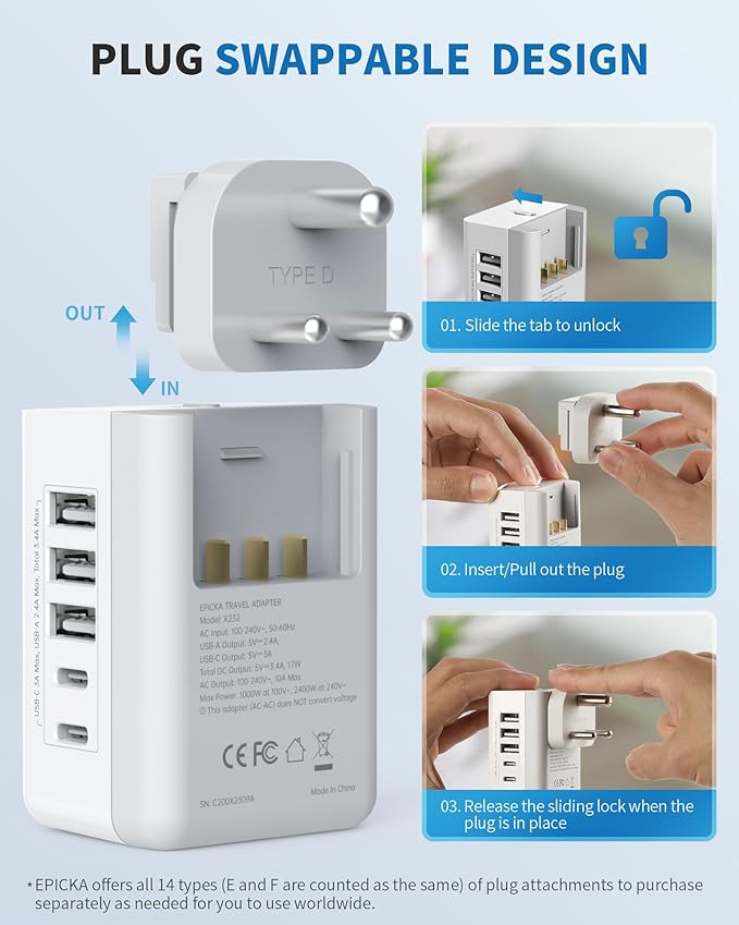 EPICKA US to India Travel Adapter, Universal Plug Adapter with 2 US Outlets, 3 USB-A & 2 USB-C Ports, Ultra Compact Swap&Adapt Type D Plug Attachment, Grounded Adapter for India, Pakistan (X232D)