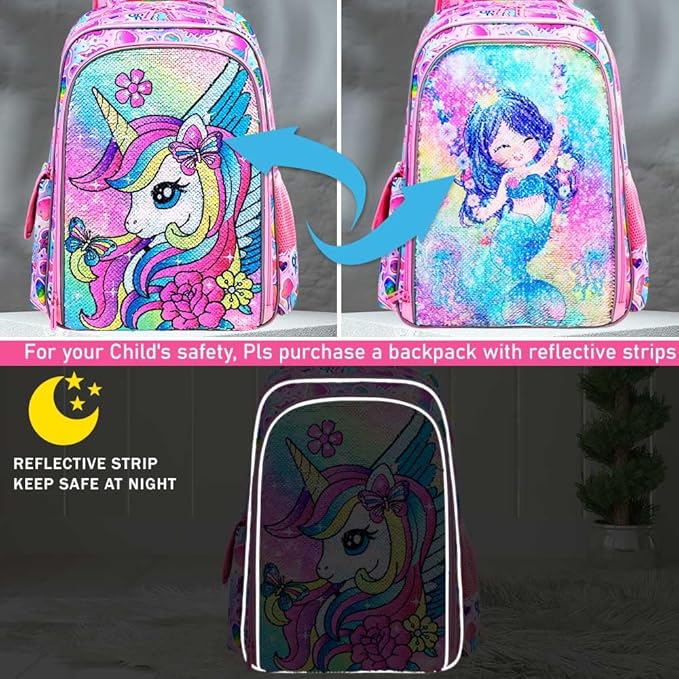 3PCS Unicorn Backpack for Girls, 16" Sequins Bookbag with Lunch Box，Kids School Bags for Elementary Preschool Kindergarten (Pink)