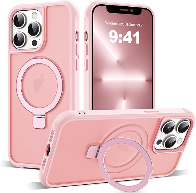 Compatible with iPhone 13 Pro Case with Invisible Magnetic O-Ring Stand Military-Grade Translucent Case for iPhone 13 Pro 6.1" [Compatible with Mag-Safe][Great Grip Feeling], Pink
