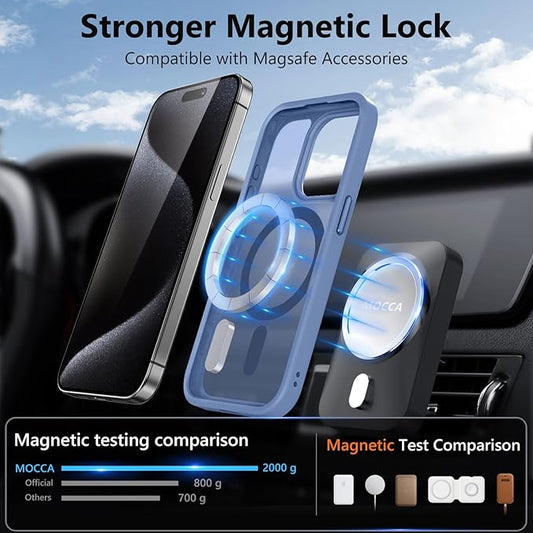 MOCCA Strong Magnetic for iPhone 15 Pro Case, [Compatible with Magsafe][13FT Military Drop Protection] Slim Translucent Matte Shockproof Case for iPhone 15 Pro Phone Case 6.1'', Blue