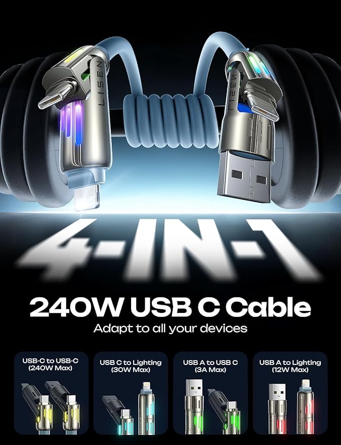 LISEN for iPhone Air Cords Fast Charging 6 FT, 4 in 1 Charging Cable with Light, Multi Charging Cable for iPhone 17 16 15 14 Pro Max/MacBook/iPad/SamSungS25, Sky Blue iPhone 17 Cord