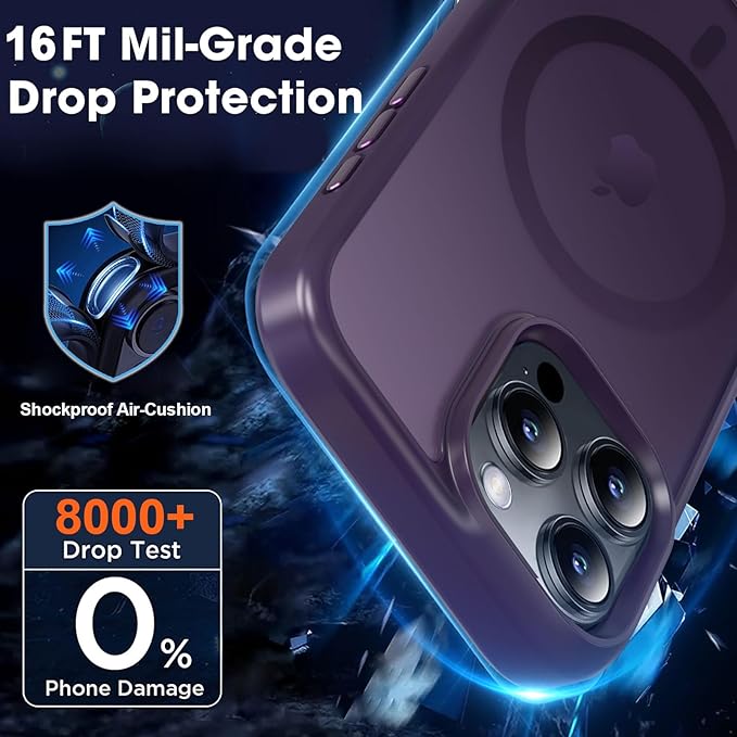 MOCCA Strong Magnetic for iPhone 16 Pro Phone Case, [Compatible with Magsafe][16FT Mil-Grade Drop Protection] Slim Thin Translucent Matte Protective Cover Case for iPhone 16 Pro Case, Deep Purple