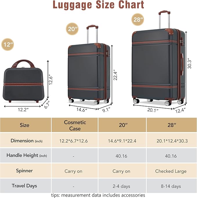 Merax Luggage Set 2 Piece Suitcase Set with Cosmetic Case Expandable Spinner Wheels Vintage Luggage Sets(Black,20"+28")