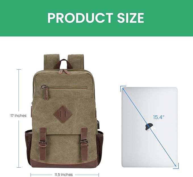 Modoker Vintage Backpack for Men Women, Canvas Bookpack Fits Most 15.6 Inches Computer and Tablets, Rucksack Backpack with USB Charging Port, Army Green