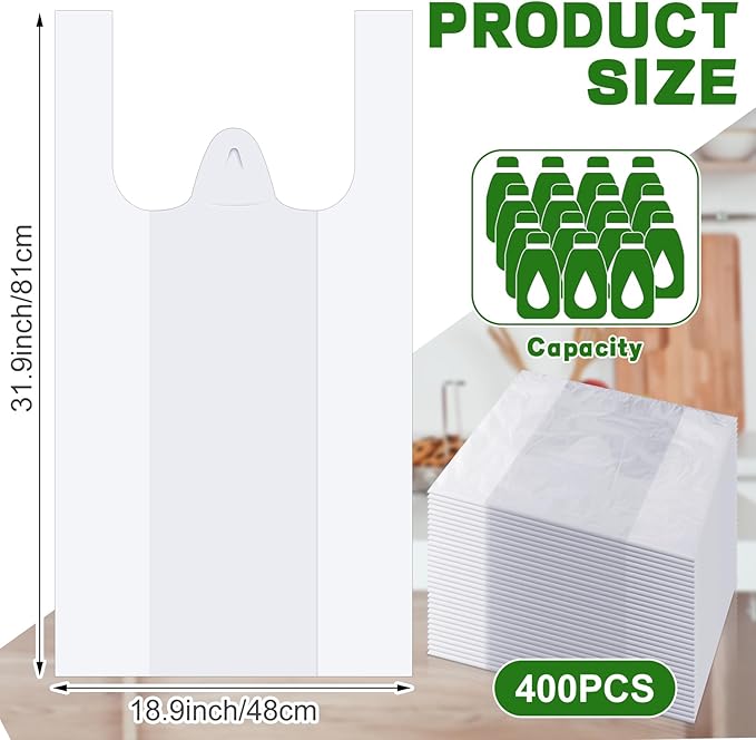 Kisston 400 Count Jumbo Size Plastic T Shirt Bags with Handles, 35 Mic, XX Large Plain Plastic T Shirt Grocery Bags, Thick and Heavy Duty (White,32" x 19")
