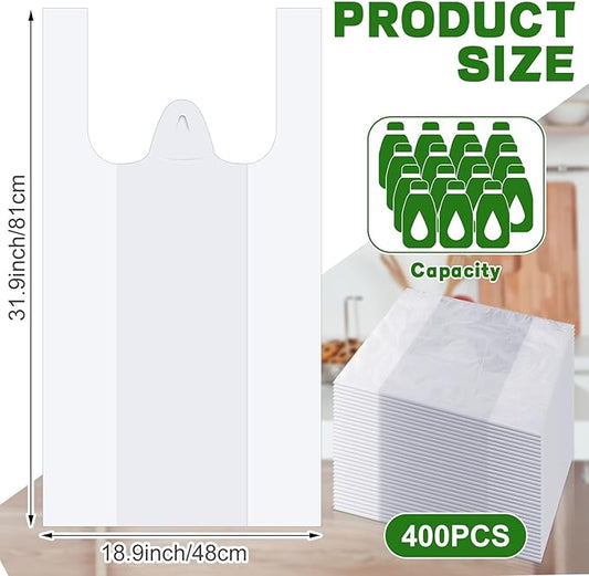 Kisston 400 Count Jumbo Size Plastic T Shirt Bags with Handles, 35 Mic, XX Large Plain Plastic T Shirt Grocery Bags, Thick and Heavy Duty (White,32" x 19")