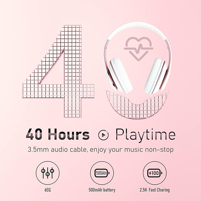 Bluetooth Headphones Over Ear, 6S Foldable Wireless Headphones with 6 EQ Modes, 40 Hours Playtime HiFi Stereo Headset with Mic, Soft Ear Pads, TF/FM for Cellphone/PC/Home (White & Rose Gold)