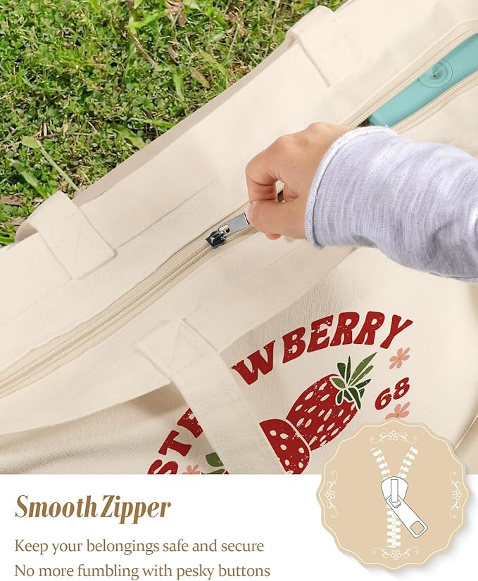 Large Tote Bag for Women - Canvas Tote Bag with Zipper Aesthetic Reusable Shoulder Bag for Gym, Travel, Work