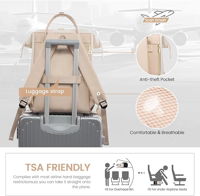 LOVEVOOK Leather Backpack for Women,18 inch Leather Laptop Backpack Women,Professional Work Backpack Nurse College Teacher Bag,Womens Laptop Tote Bag Computer Travel Backpack Purse,Beige-Flesh Beige